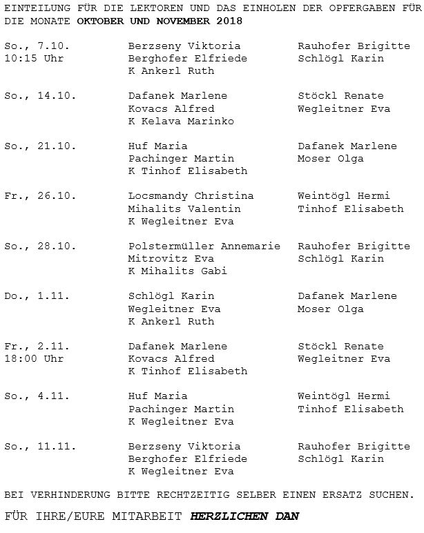 Lektoreneintelung Oktober und November 2018