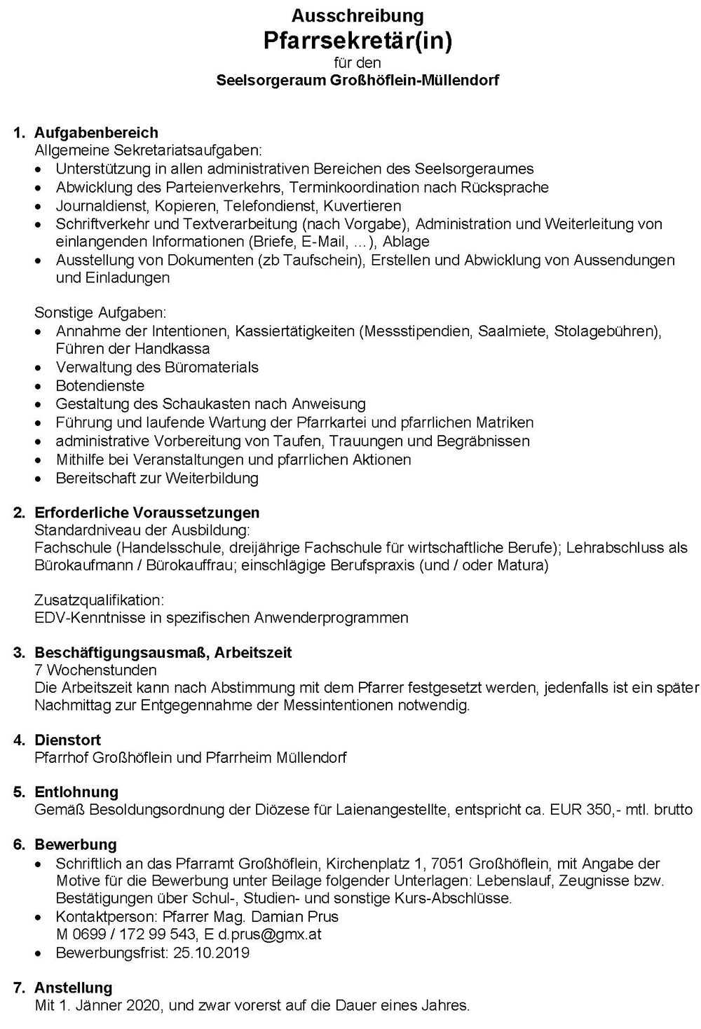 Ausschreibung Pfarrsekretaerin WEB